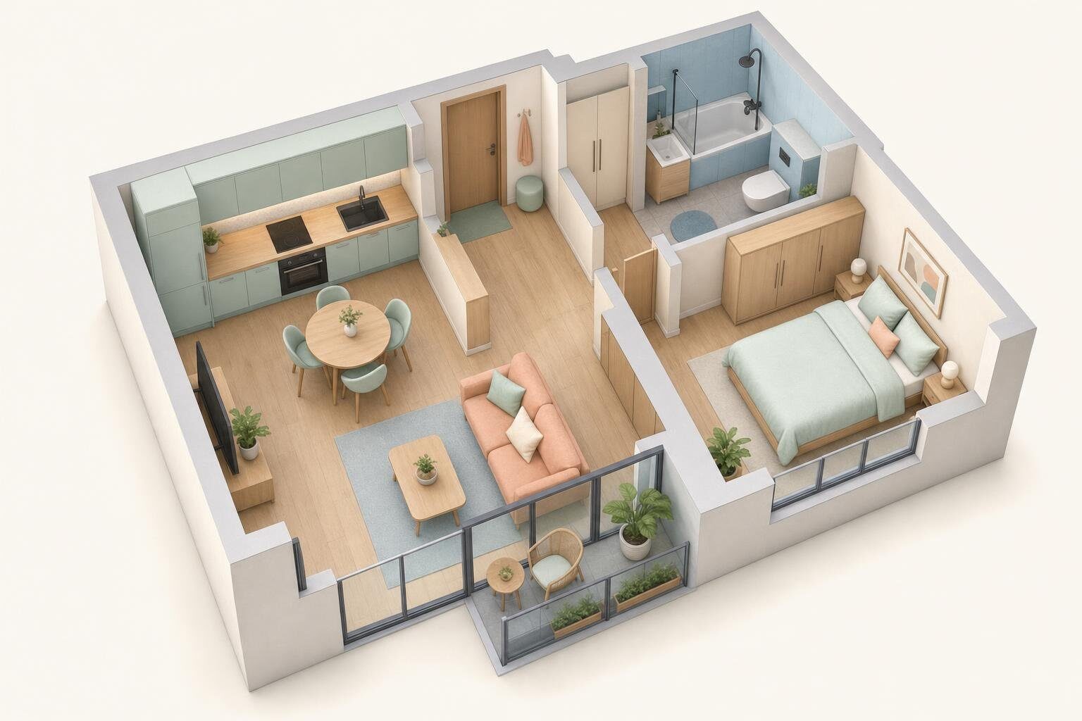 2-комн. 60 м² с мебелью у воды, NOW, изометрия